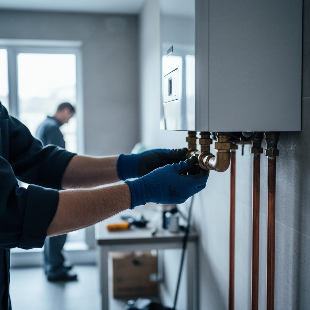 A heating engineer working on pipework inside a boiler cupboard