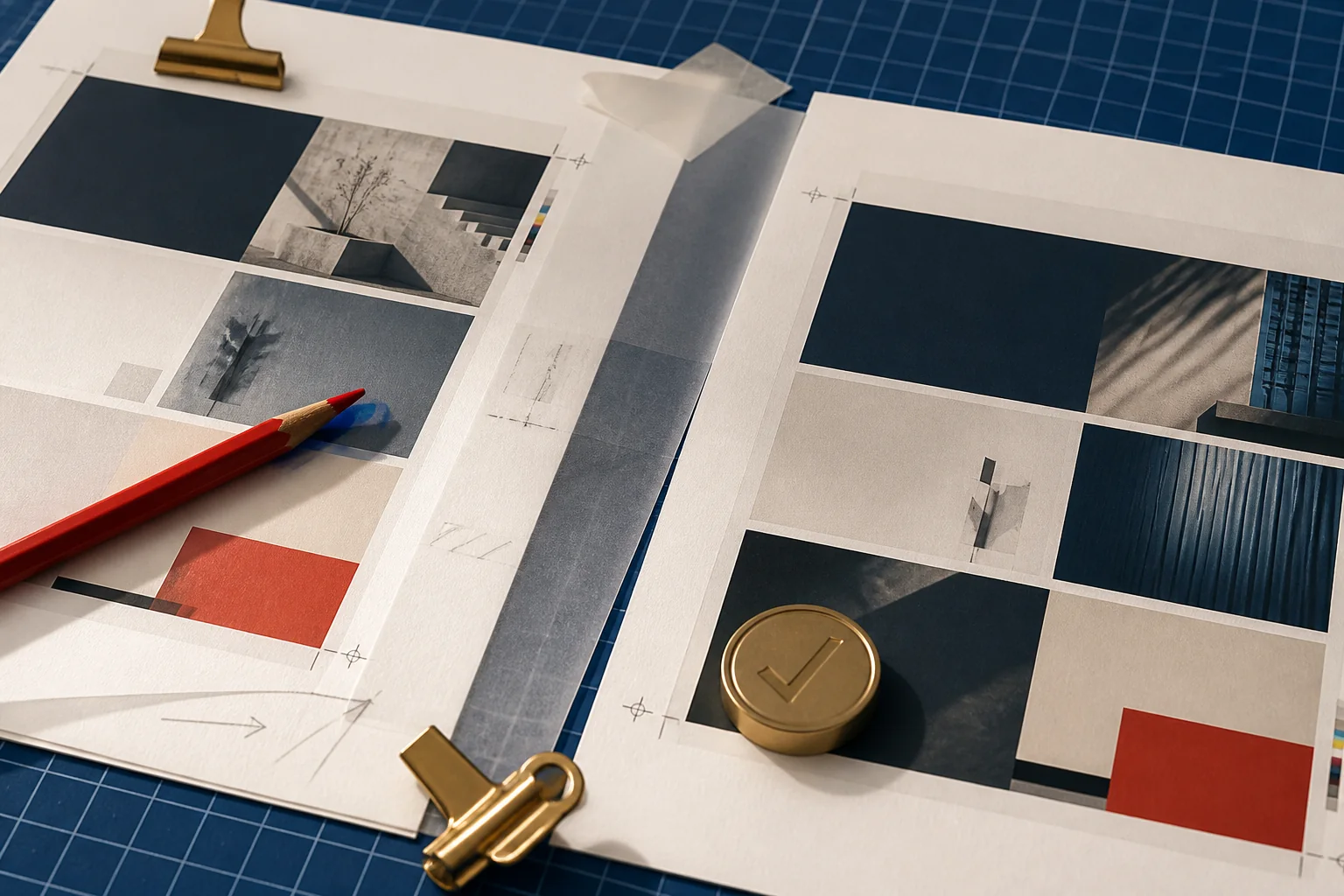 Printed design proofs with a pencil and a clear approval marker