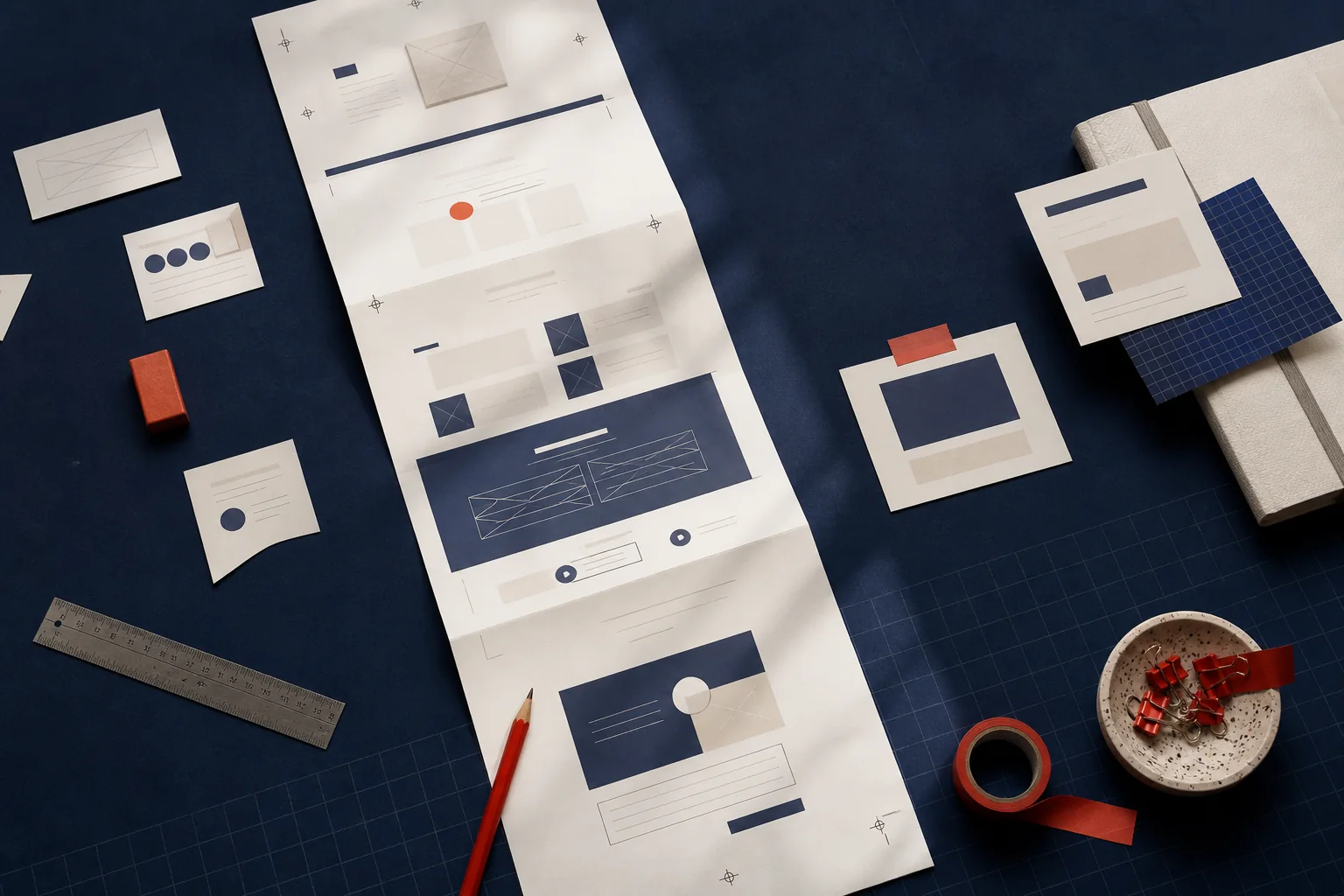 A long website wireframe arranged across a designer’s worktable