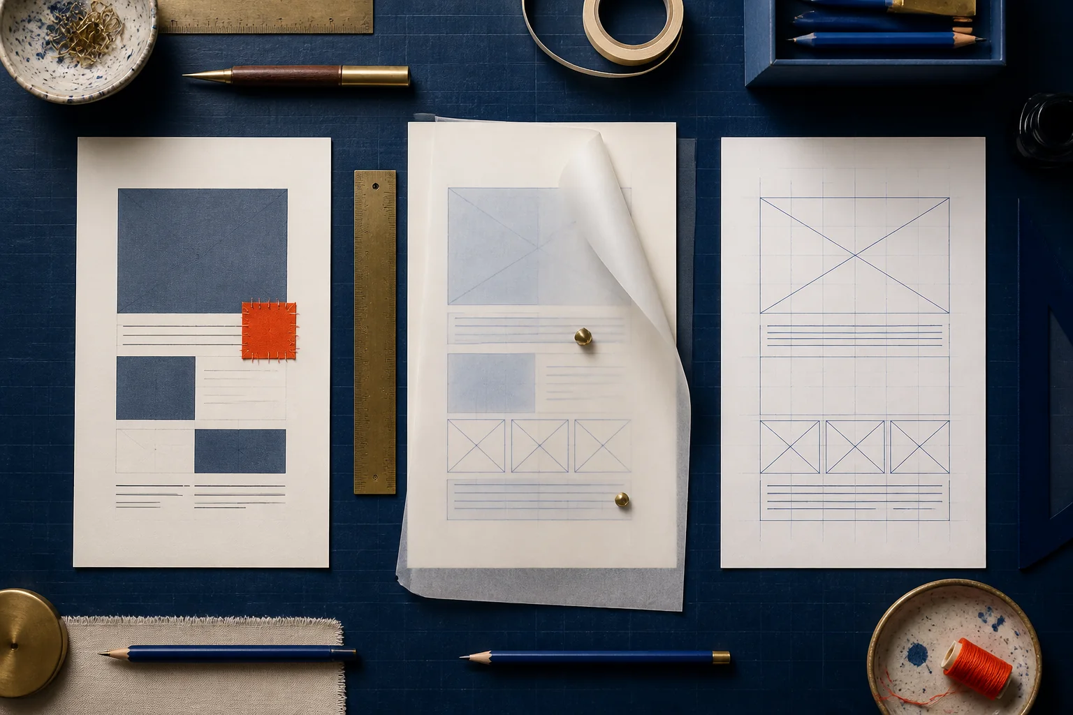Three website proofs showing a repair, a refinement and a clean rebuild